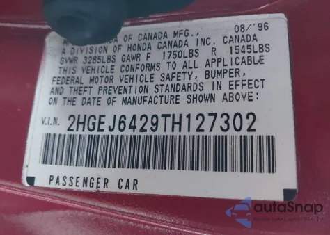 1996 Honda Civic Cx z USA, uszkodzony, nr VIN 2HGEJ6429TH127302